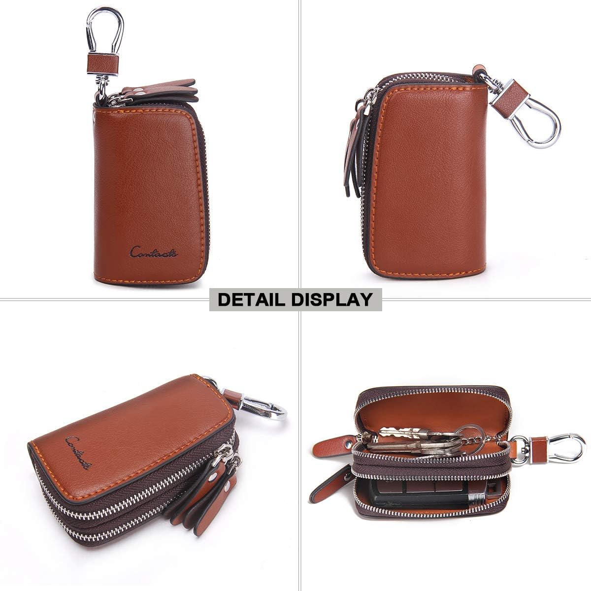CONTACTS Car Key Case Small Leather Double Zipper Key Holder with 4 Keyrings Keys Organizer for Men Women