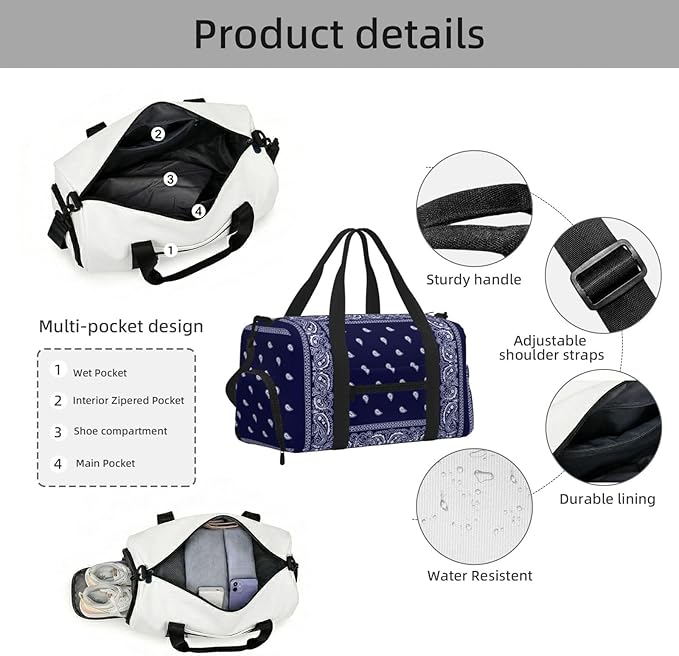 Bandana True Blue Women'S Gym Duffle Bag With Shoes Compartment, Ideal For Travel, Gym, Sports, Duffel, Weekender