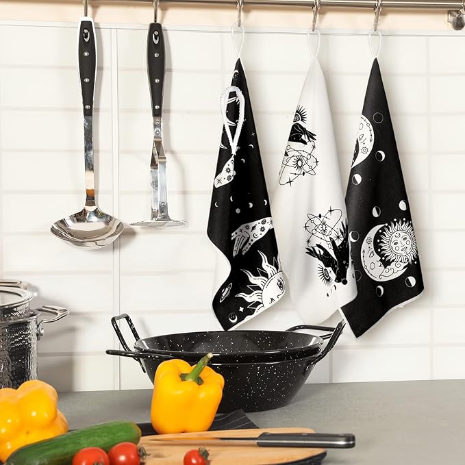 Bencailor 6 Pcs Gothic Kitchen Towels Spooky Tarot Dish Hand Towels Moon Sun Witch Tea Washcloth for Horror Party Gifts Bathroom Kitchen Goth Decor 24 x 16''