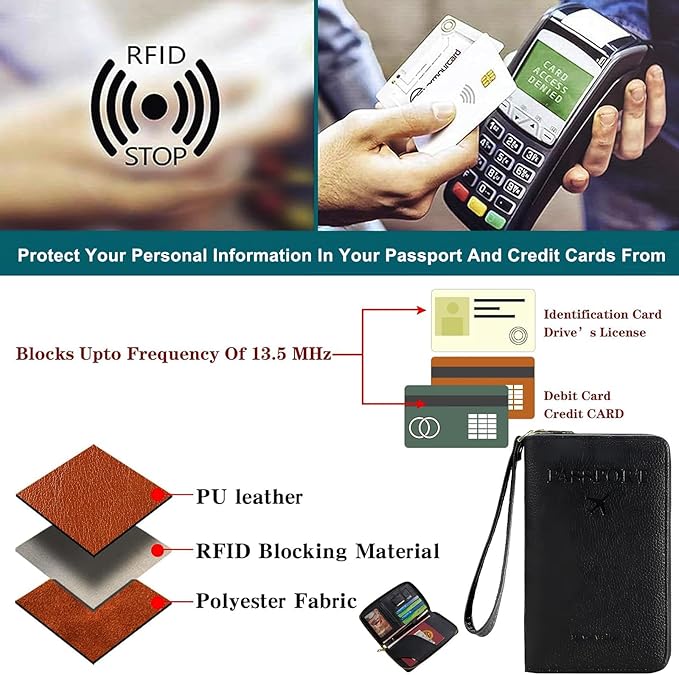 Multi-Functional Passport Holder Cover with Purse Charms,Premium Travel Wallet RFID Blocking Passport Cover Card Case for Holds Phones, Passports, Cash, Cards & Boarding Passes-Black
