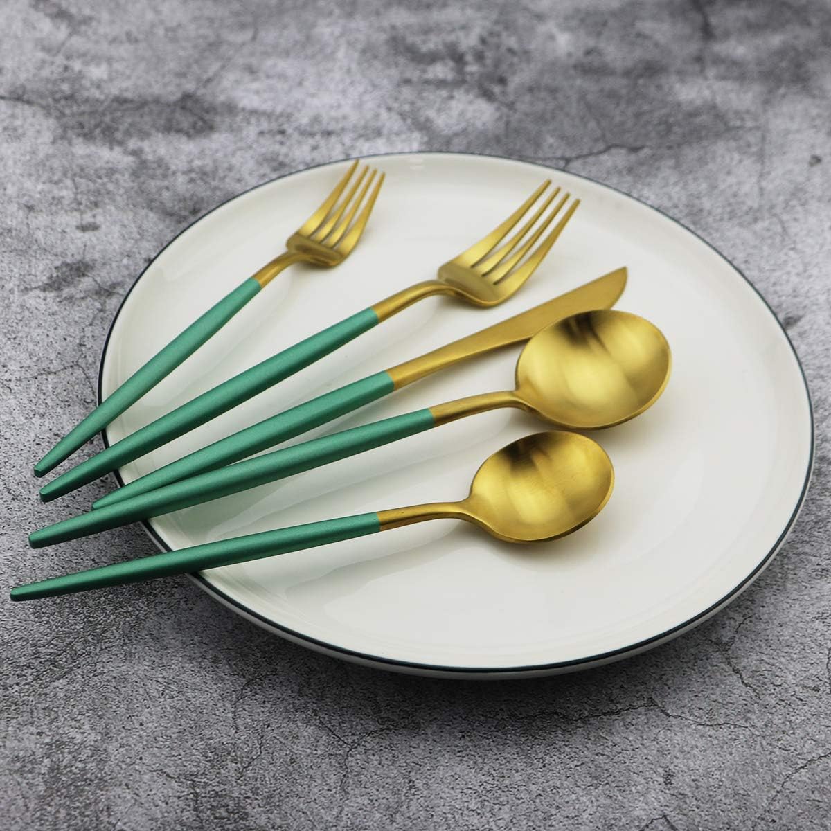 Green Handle Matte Gold Silverware, Gugrida 5-Piece 18/10 Stainless Steel Flatware Set, Kitchen Utensils, Tableware Travel Cutlery for Camping Office Lunch, Satin Finish, Dishwasher Safe