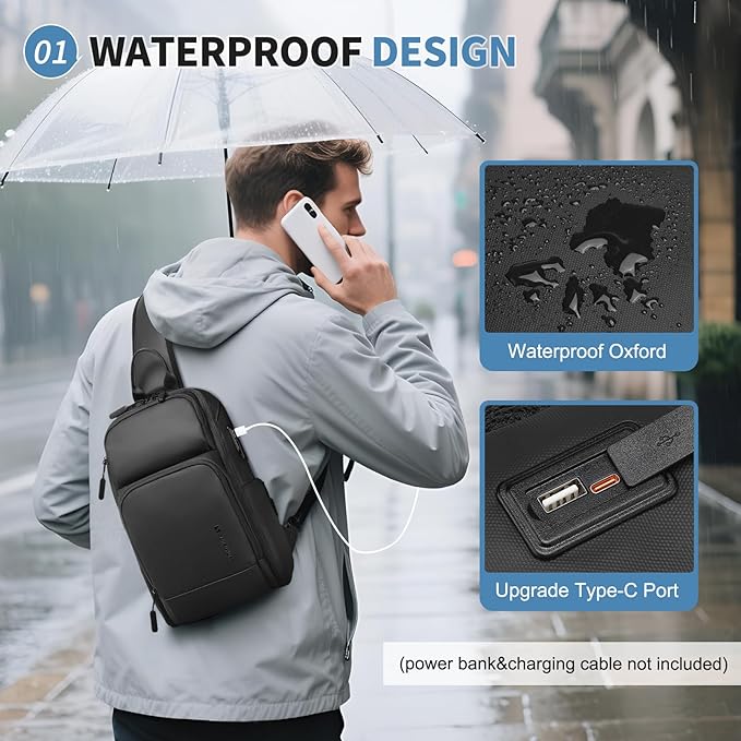 Men's Sling Bag, Convertible Anti Theft Sling Backpack, 11" One Shoulder Crossbody Backpack with USB Charging Port for Working Travel Daily, Black