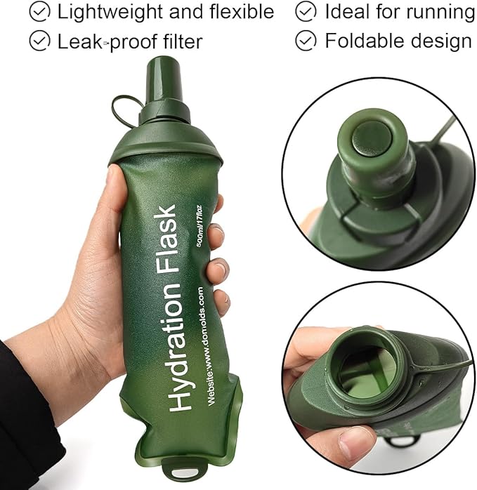 WILDREEDS 500ml Soft Flask, TPU Collapsible Soft Water Bottle for Hydration Pack, Running Vest, Folding Water Bottle for Hiking Cycling Climbing-2Pcs, Green