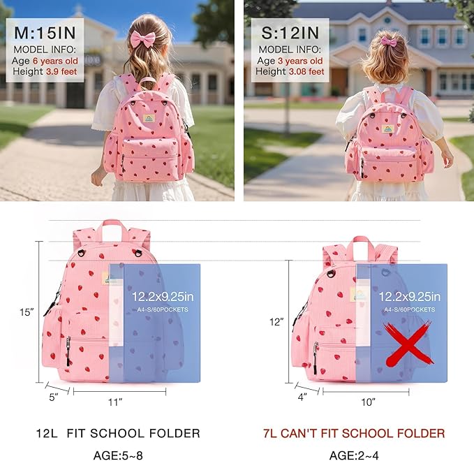 STEAMEDBUN Corduroy Kids Backpack for Girls and Boys 5-8: Girls Backpack for Elementary Kindergarten - 15 inch Cute Backpacks for Kids - Strawberry