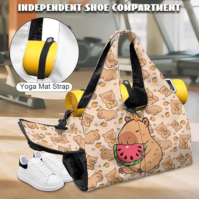 Capybara Watermelon Gym Duffel Bag for Women with Shoe Compartment and Yoga Mat Holder Cute Luggage Sports Travel Carry On Bag Overnight Duffel Bags Lightweight