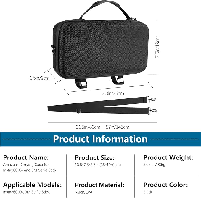 AMAZEAR Carrying Case for Insta360 X5 Accessories, Insta 360 X5 X4 Air Action Camera Waterproof Travel Carry Bag with Shoulder Strap, Compatible with 3M 9.8ft 2-in-1 Selfie Stick Tripod, Pure Black