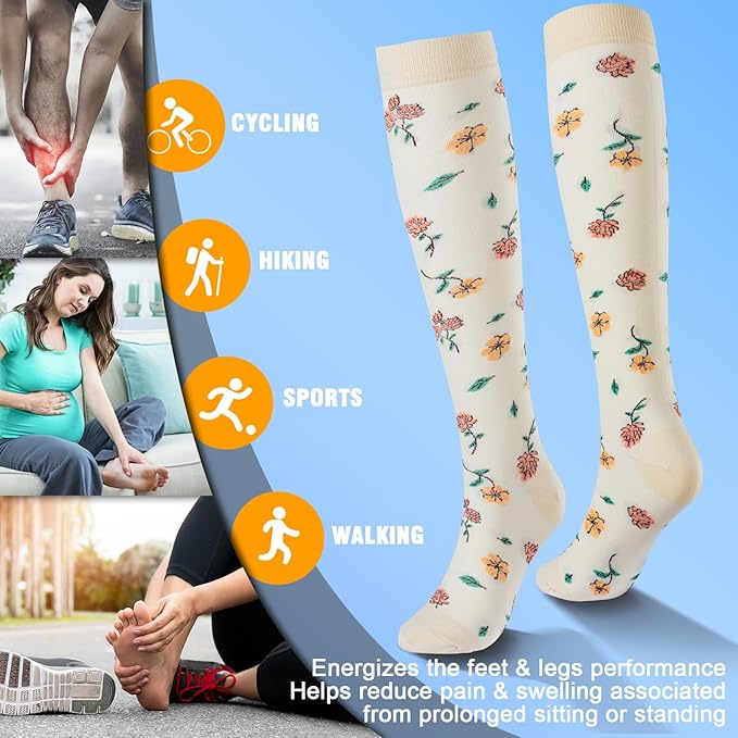bropite Flora Compression Socks for Women & Men-Knee high 6 Pairs 20-30mmhg Support Running Nurse Travel