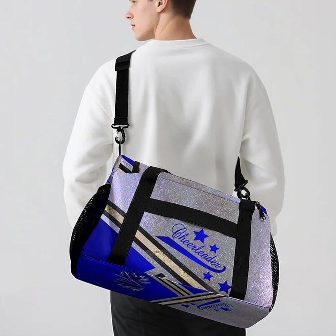 Personalized Sports Duffle Bags for Training, Navy Blue Cheering Silver Stripes Travel Bags with Adjustable Shoulder Strap, Custom Name Birthday Holiday Gift