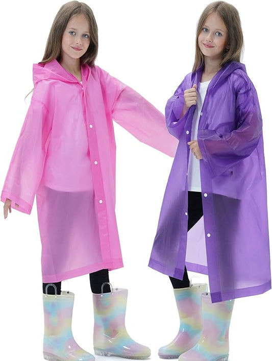 2 Pack Raincoats for Kids, Reusable Rain Ponchos with Hood and Sleeves Rain Coats for Boys and Girls
