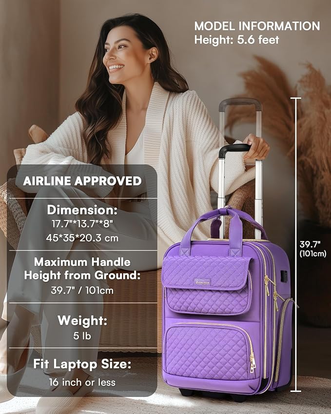 Underseat Carry On Luggage with Wheels, Airline Approved Personal Item Luggage, 16-Inch Multi-functional Underseat Luggage, Lightweight Overnight Suitcase for Women, Bussiness, Travel, Purple
