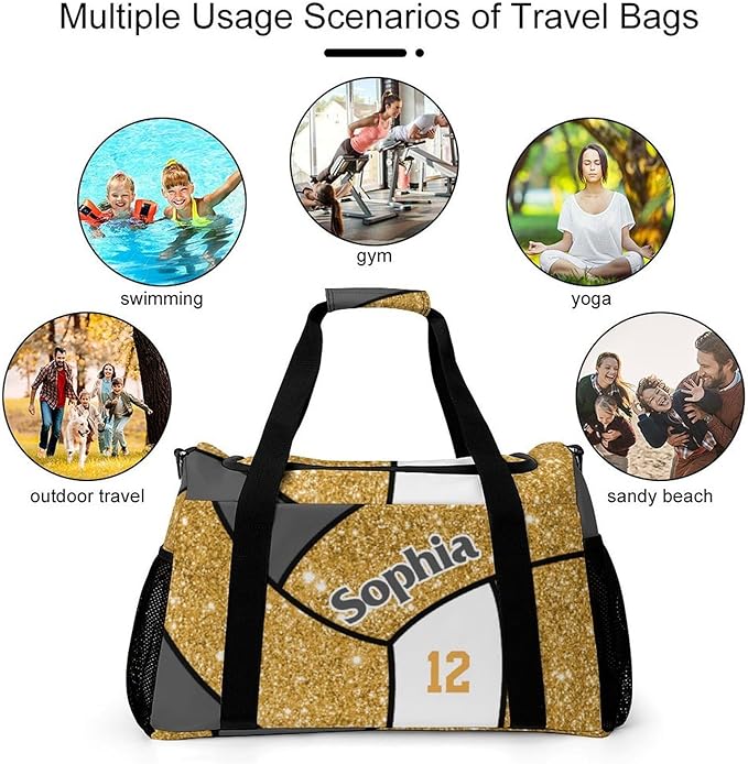 Custom Gold Glitter Print Volleyball Duffel Bag with Name Personalized Travel Bags Sport Gym Bag Carry On Weekender Bags for Men Women