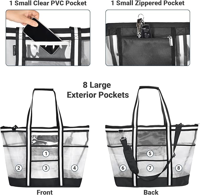 Vulken 42L Extra Large Mesh Beach Bag. 9 Pockets Top Zip Tote Bag Shoulder Bag