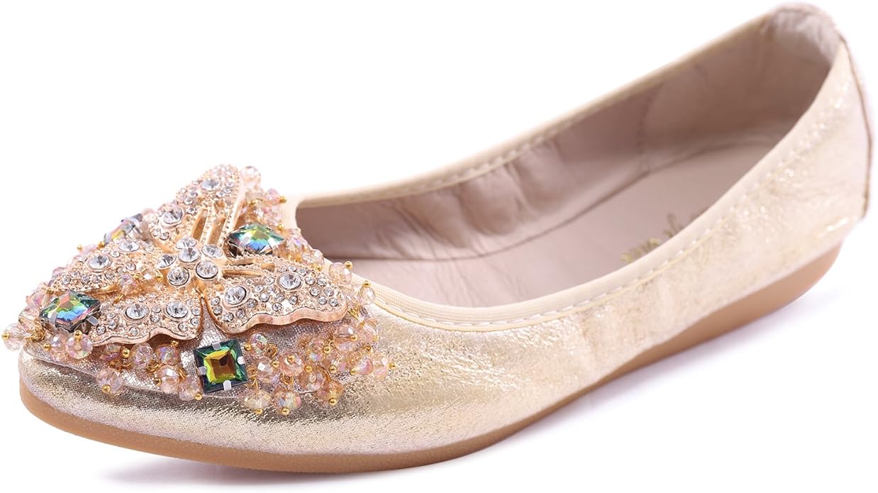 Womens Ballet Flats Foldable Rhinestone Pointed Toe Comfortable Slip on Wedding Flat Shoes Dress Flats for Women