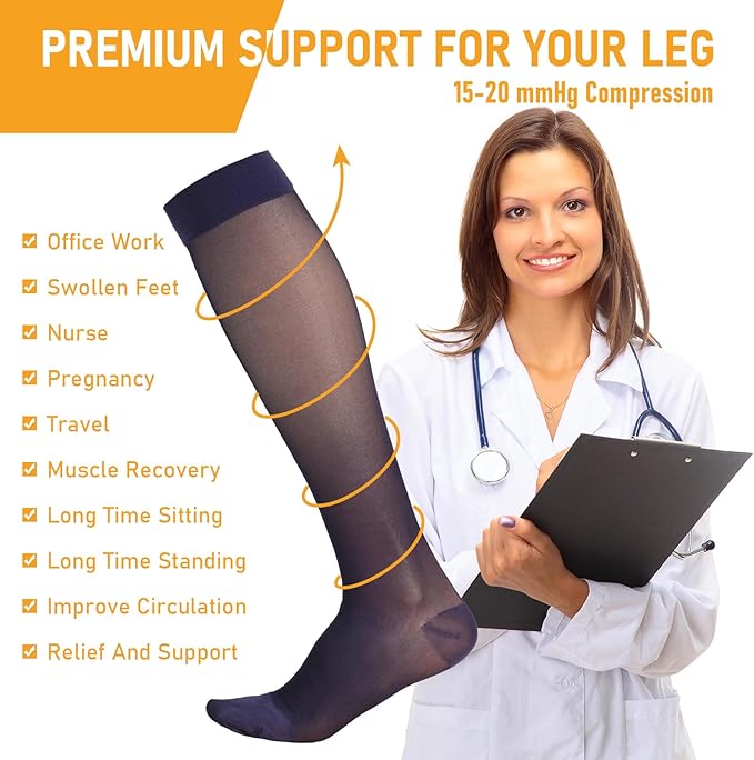 2 Pairs Sheer Compression Socks for Women - 15-20 mmHg Knee High Sheer Compression Stockings for Support Circulation Swelling Edema Work Office Travel, Navy, Medium