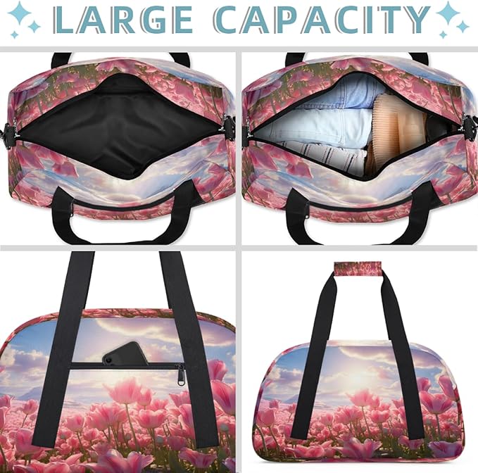 Pink Tulip Field Sunset Sports Duffel Bags, Water-Resistant Gym Duffle Bag for Men Women, Lightweight Weekender Overnight Bag for Fitness, Workout, Travel
