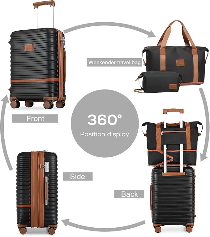 Joyway Carry On Luggage 20 Inch Expandable Suitcase with Spinner Wheel, 4 Piece Hard Shell Luggage Set with TSA Lock(Black brown)
