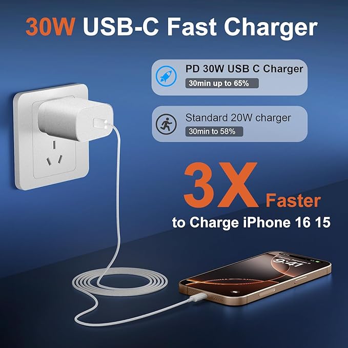 iPhone 16 15 17 Pro Max Charger 30W Type C Chargers USB C Fast Charger Block iPhone 16 Chargers Fast Charging with 6FT C Charging Cable for iPhone 17/17 Pro Max/16/16 Pro Max/15/15 Pro/iPad/Samsung