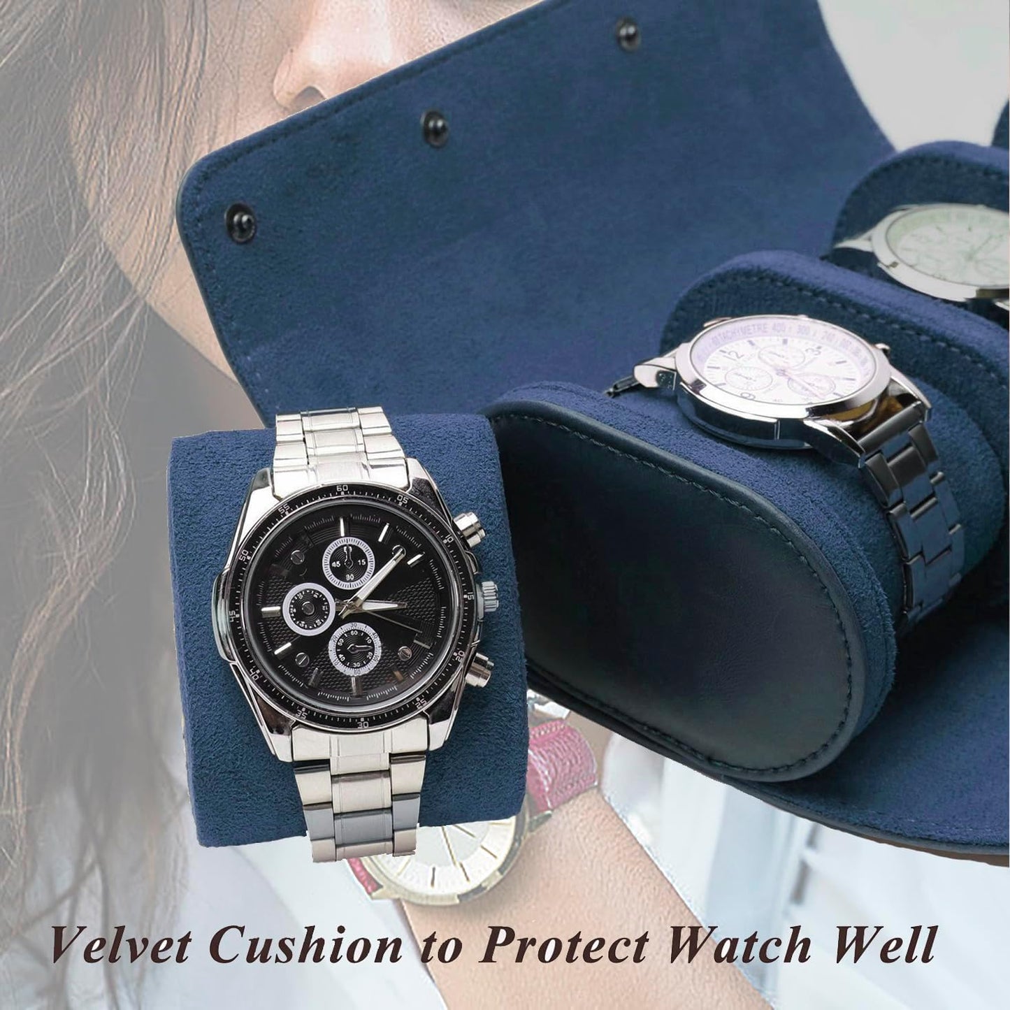 Watch Travel Case, Luxury Leather Watch Roll 2 Slot Organizer Box, Jewelry Storage Case Gifts for Man and Woman Christmas Anniversary Birthday (Blue-2slot)