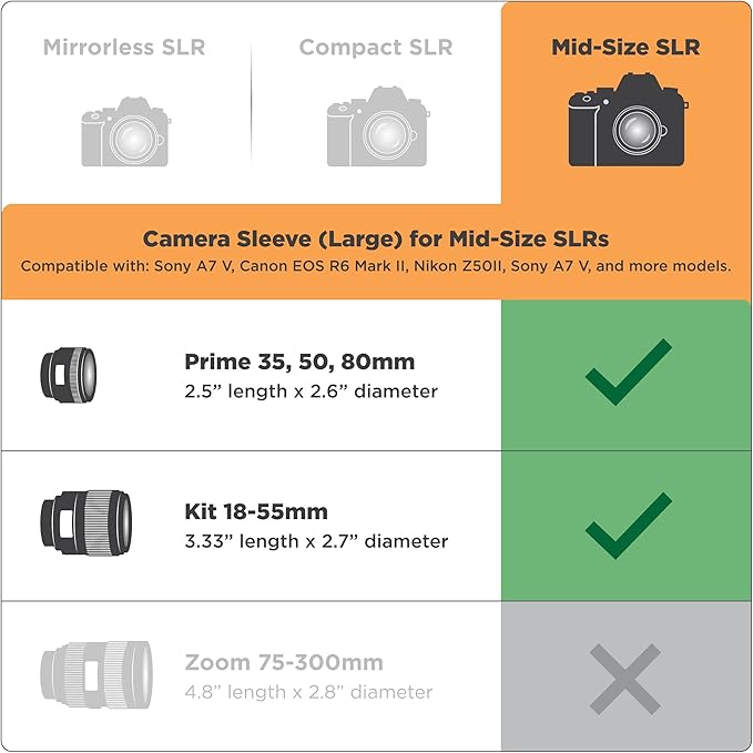 USA Gear Camera Sleeve (Large) for Mid-Size SLRs Compatible with Sony A7 V, Canon EOS R6 Mark II, Nikon Z50II & more - Padded Neoprene DSLR Case with Zipper Accessory Pocket & Belt Loop (Black)