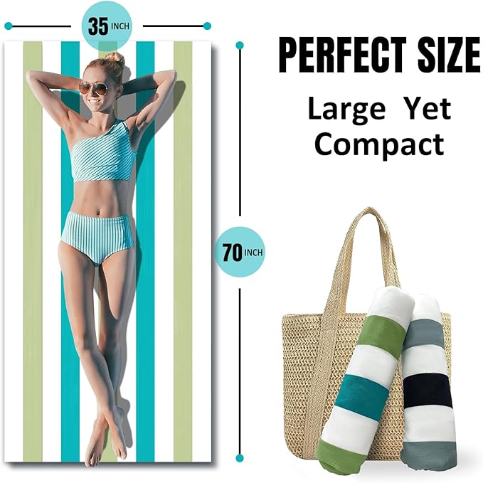 cabanana Large Oversized Beach Towel - Microfiber Sand Free 35 x 70 Inch Quick Dry Lightweight Pool Towel for Adults, Thin Striped Swim Towel (Green)