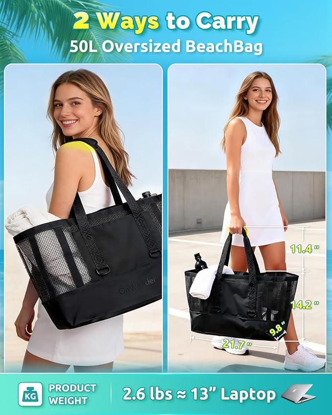 Large Mesh Beach Tote Bag - 50L Pool Bags with 2 Inner Zipper Waterproof Pockets for Swim Toys Towels Travel