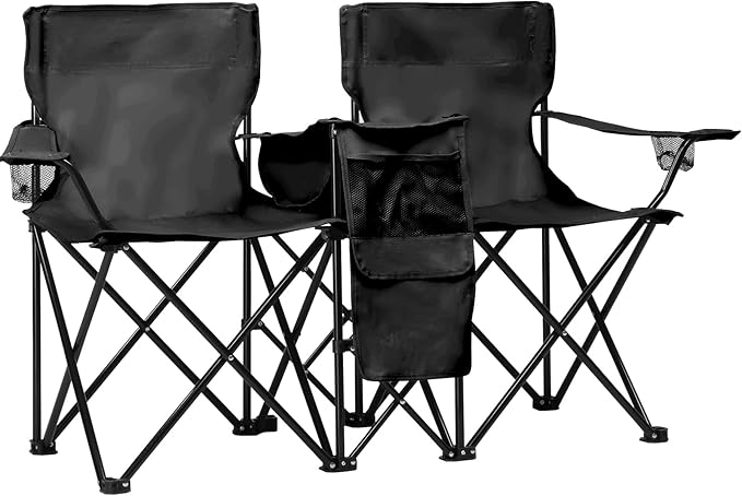 Double Folding Camping Chair W/Umbrella Fold Up Table Beverage Holder Carrying Bag Cooler for Patio Pool Park Outdoor Beach, Picnic, Portable (Black)