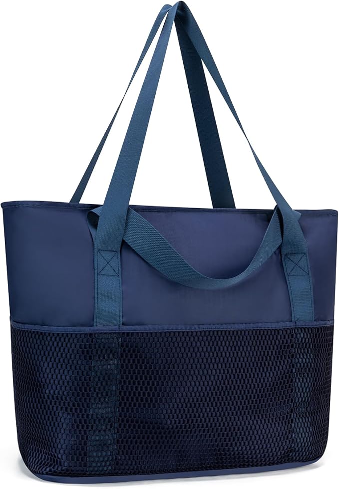 KABAQOO Large Beach Bag Waterproof Sandproof Tote Bag for Women with Zipper & Mesh Pockets for Pool Swim Travel Everyday