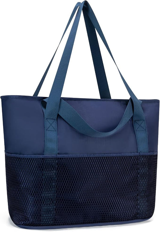 KABAQOO Large Beach Bag Waterproof Sandproof Tote Bag for Women with Zipper & Mesh Pockets for Pool Swim Travel Everyday