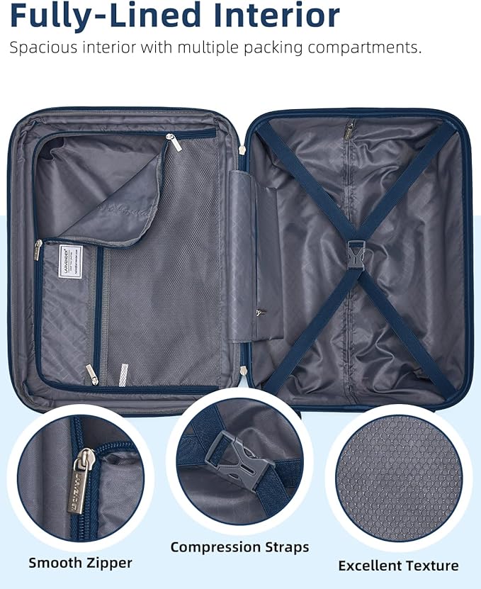LARVENDER Carry on Luggage 22x14x9 Airline Approved, 20 Inch Hardside Suitcase with Wheels TSA Lock, PC+ABS Lightweight Carry on Suitcases for Women and Men, Dark Blue
