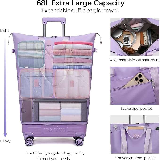 Rolling Duffle Bag with Wheels and Handle, Expandable Foldable Travel Bag with Wheels, Carry On Rolling Duffle Bag Collapsible for Weekend Trip, Gym, Hockey, Large Capacity & Waterproof (Pink)