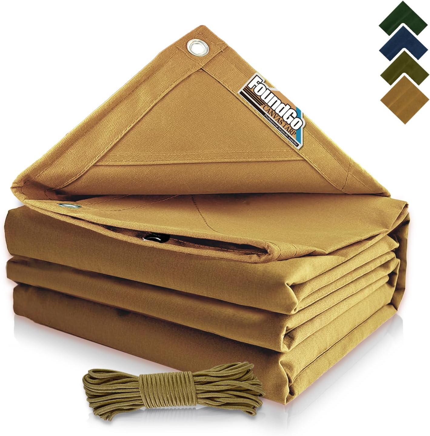 FoundGo 10x16ft Canvas Tarp 22 Mil Tarps 14 oz Canvas Tarpaulin Heavy Duty Cloth Water/UV Resistant Cover with Rustproof Grommets & Ropes for Cars,Roofs,Boats,Camps,Sunshades，Moisture Barrier -Tan