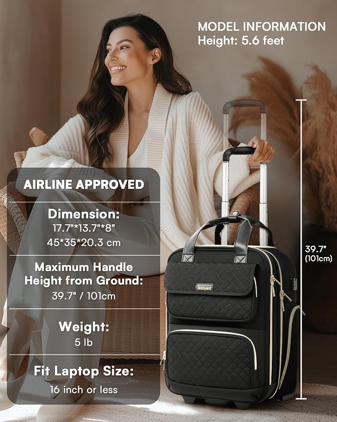 Underseat Carry On Luggage with Wheels, Airline Approved Personal Item Luggage, 16-Inch Multi-functional Underseat Luggage, Lightweight Overnight Suitcase for Women, Bussiness, Travel, Black