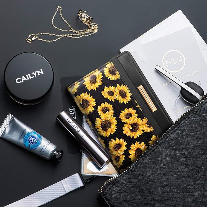 Women's Black Floral Sunflower Passport Wallet Cover with RFID Blocking, 7 Compartments, 4 Card Slots, Magnetic Closure