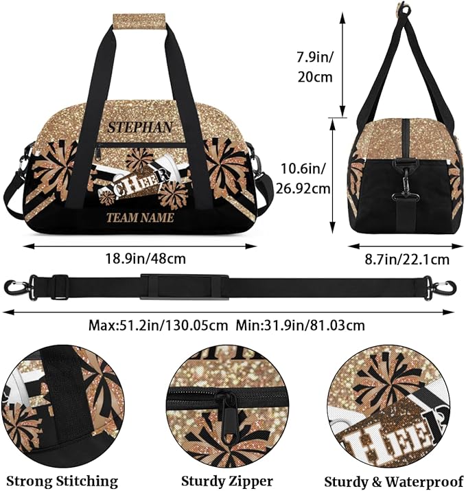 Cheer-Bag for Girls Customized Cheer-Gifts with Name Cheerleading Bag Gym-Duffel-Bag Gold Glitter Print