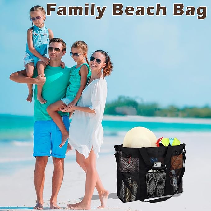 Mesh Beach Bag with Zipper, Large Beach Tote for Women, Toys Pool Swim Bag Travel Vacation Cruise Essentials