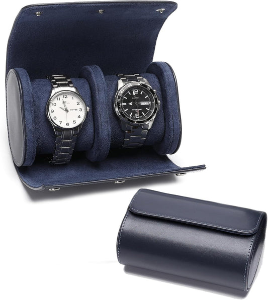 Watch Travel Case, Luxury Leather Watch Roll 2 Slot Organizer Box, Jewelry Storage Case Gifts for Man and Woman Christmas Anniversary Birthday (Blue-2slot)
