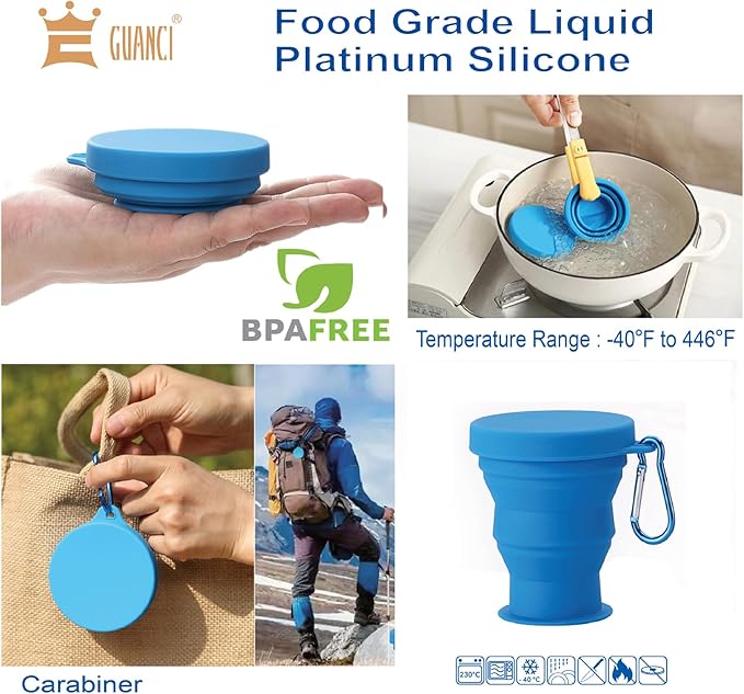 GUANCI Silicone Collapsible Travel Cup Set Silicone Folding Camping Cup with Lids Foldable Drinking Cup Sets Portable Dishwasher Safe for Outdoor Hiking Travel Sport | Collapsible, Folding, Foldable, Sets, Portable, Dishwasher Safe