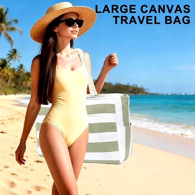 Large Canvas Beach Bag for Women, Beach Bags Waterproof Sandproof with Zipper & Wet Bag Cruise Essentials