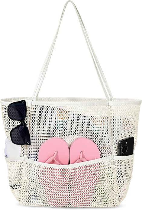 Iioscre Beach Bag for Women, Causal Hobo Pool Bags with Zipper Inner Pocket, Foldable Swim Tote Bag for Vacation Essentials