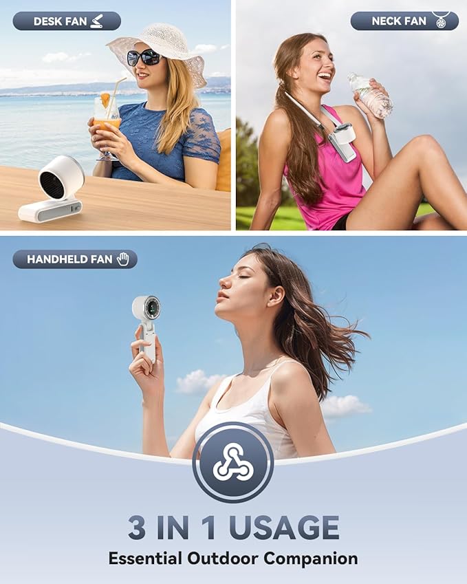 Portable Handheld Turbo Fan, 5 Gear Wind, Battery Operated, Up to 12 Working Hours, 3 IN 1 Hand Fans with Air Turbo Tech Cooling Fan for Outdoor Activities, Travel, Beach (White)
