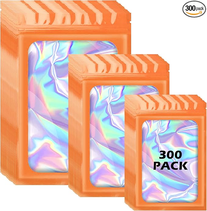 300 Pcs Holographic Mylar Bags, 3 Size Smell Proof Bags with Clear Window Foil Pouch Bags Resealable Bags for Small Business and Food Storage, Orange