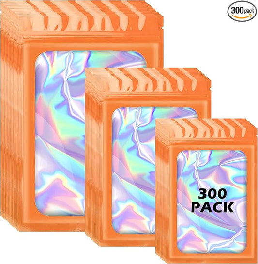 300 Pcs Holographic Mylar Bags, 3 Size Smell Proof Bags with Clear Window Foil Pouch Bags Resealable Bags for Small Business and Food Storage, Orange