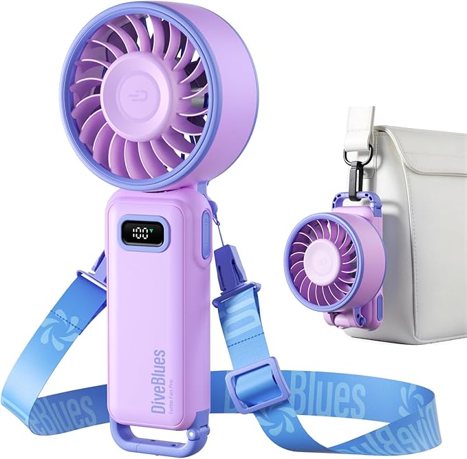 Diveblues Portable Turbo Fan, 7.4m/s High Speed Handheld Fan, 180° Foldable 4-in-1 Personal Neck Fan with Carabiner Clip, 100 Speed Stepless Control, USB-C Rechargeable for Travel, Makeup Hot Flashes