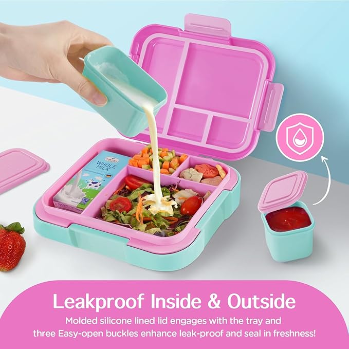 Caperci Bento Box for Kids - Large 4.8 Cups Lunch Box with Two Modular Containers - 4 Compartments, Leak-Proof, Portable Handle, Microwave/Dishwasher Safe, BPA-Free (Orchid/Light Cyan)