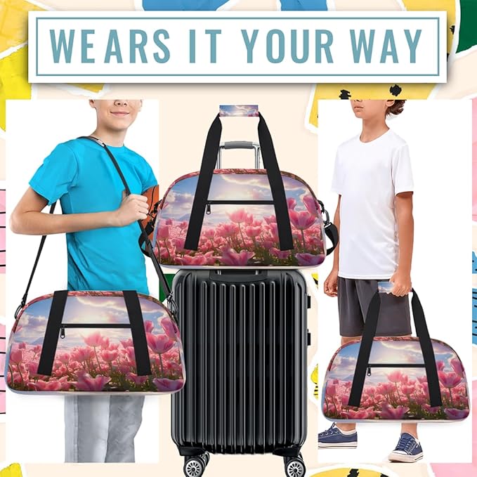 Pink Tulip Field Sunset Sports Duffel Bags, Water-Resistant Gym Duffle Bag for Men Women, Lightweight Weekender Overnight Bag for Fitness, Workout, Travel
