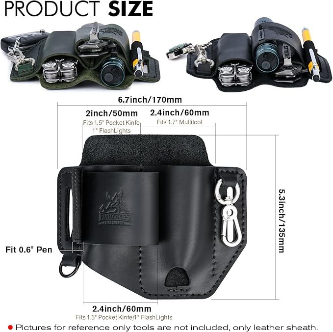 FLYHOMES Genuine Leather Multitool Sheath | Handmade Stitched EDC Belt Organizer for Leatherman Surge | Flashlight, Knife Holster, Pen & Tools Pouch | Black (Large)