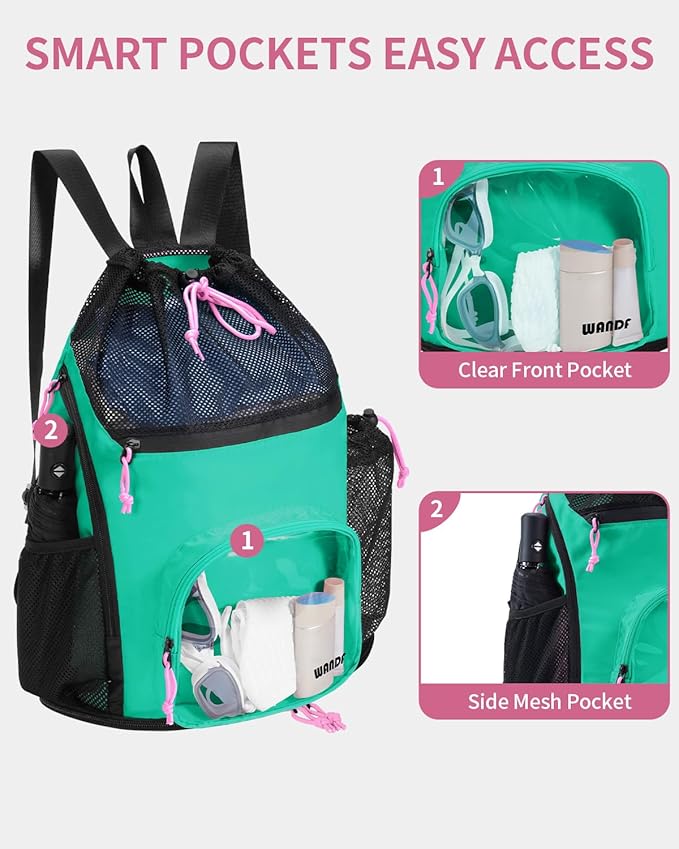 WANDF Swim Bag with Wet Pockets, Sandproof Beach Backpack with 40oz Tumbler Side Pockets, Mesh Drawstring Backpack Swim Bag for Swimming, Pool, Gym and Workout Gear (Green)