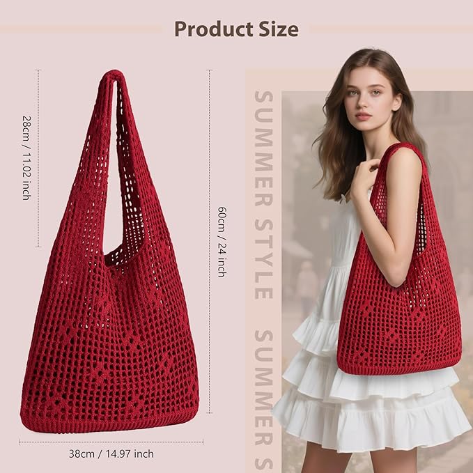 Sightor Crochet Tote Bag, Mesh Beach Bag Knit Summer Hobo Bag Vacation Boho Tote Bag for Women