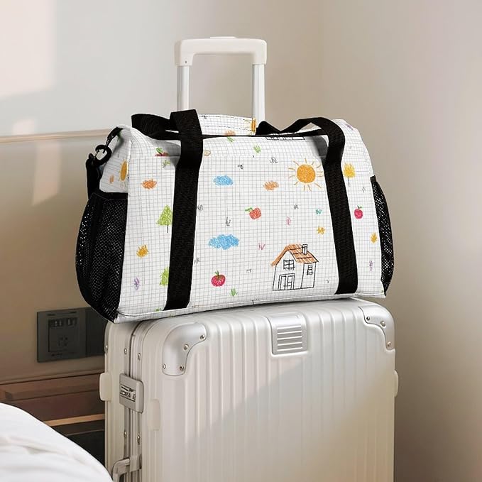 Cute Drawing Grid Paper Duffle Bag Gym Bag for Workout Travel Tote with Detachable Straps