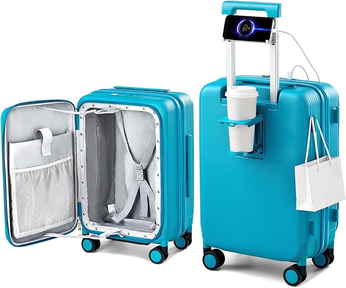 Hanke Expandable Luggage Top Opening Travel Luggage Rolling Suitcase with Cup Holder Hard Shell Suitcases with Wheels (Caribbean Blue +20 Inch EXT)
